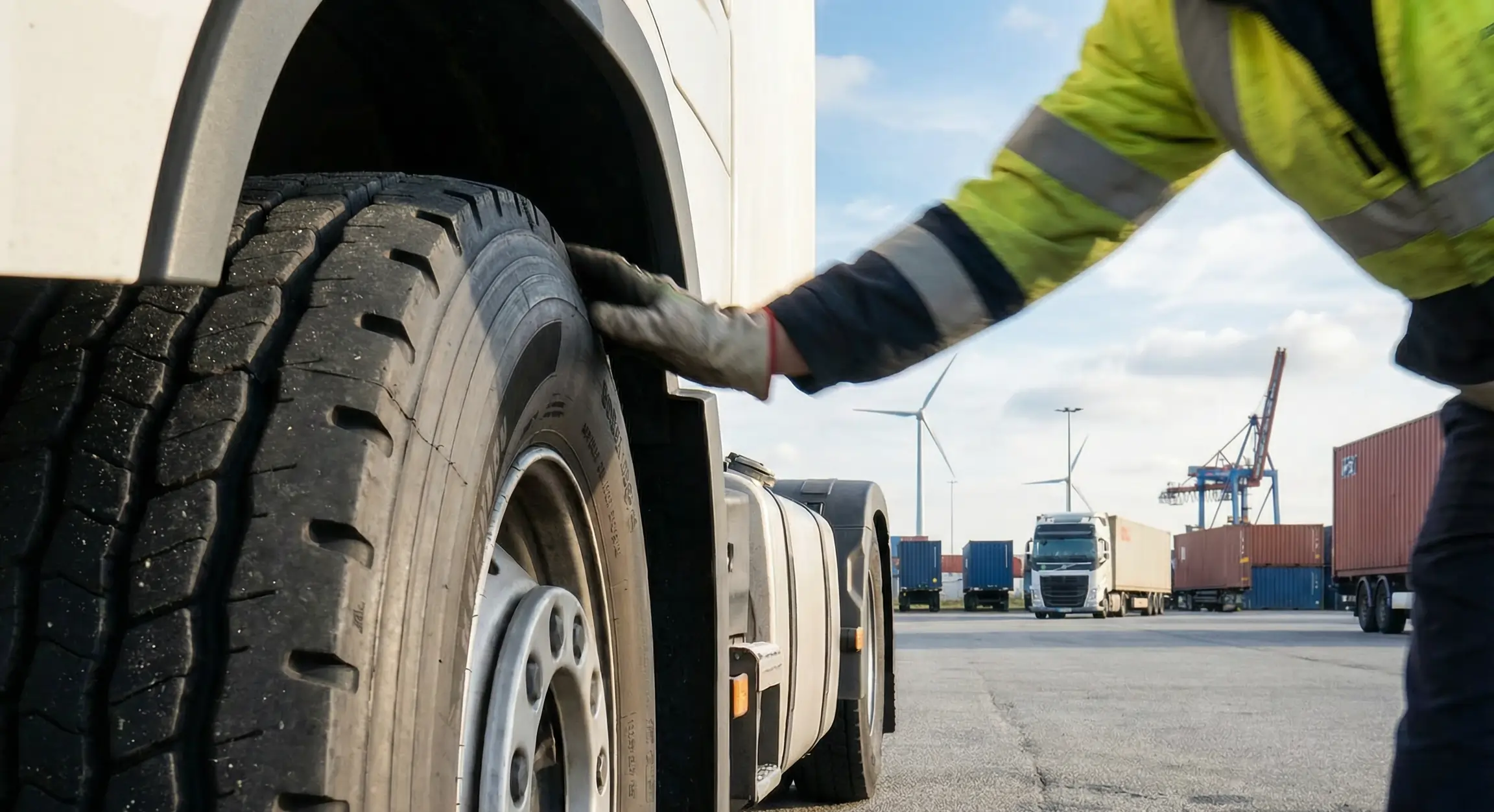 Fachmann analysiert LKW-Reifen – Profiltiefenmessung und Reifenzustandsbeurteilung